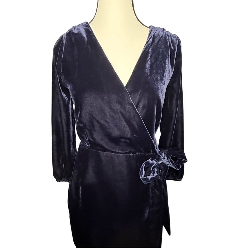 J. Crew Navy Blue Velvet Wrap Dress Romantic Holiday Party Long Sleeve XS 0P